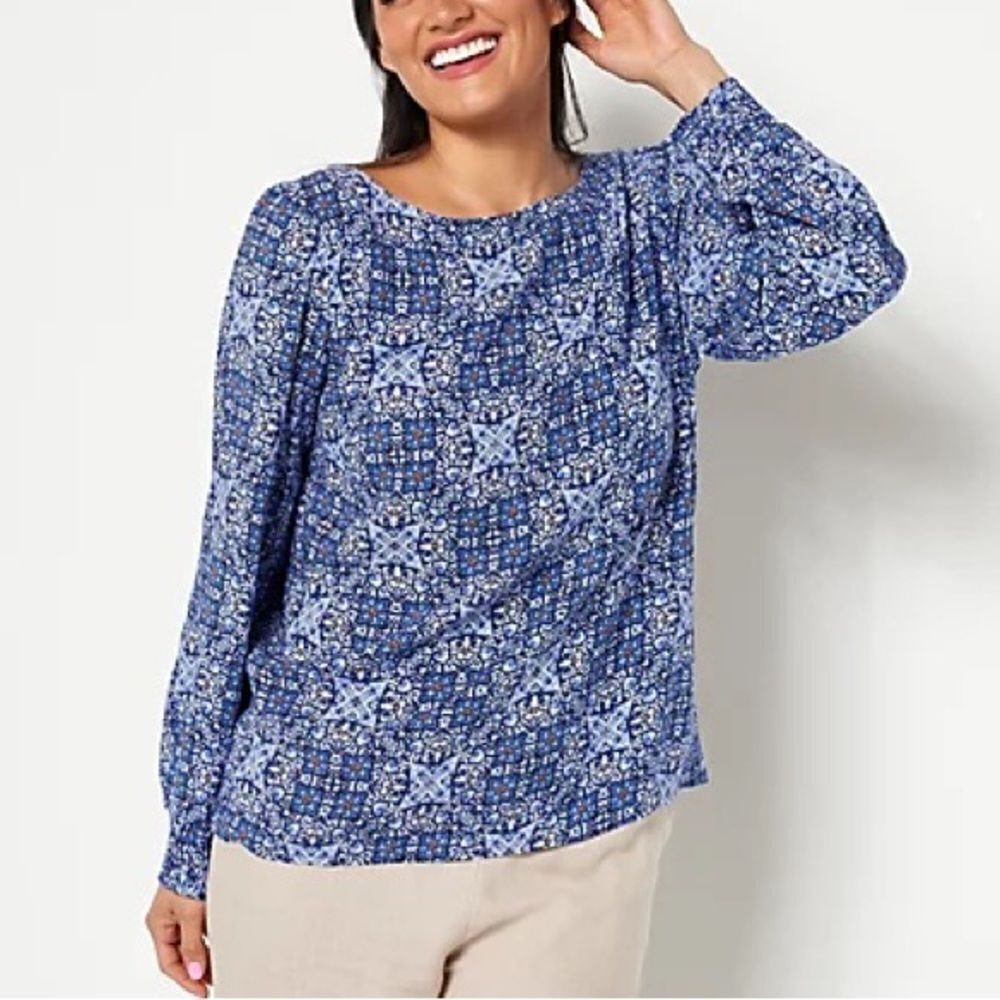 Denim & Co. Abstract Printed Wide Neck Blouse Cuff